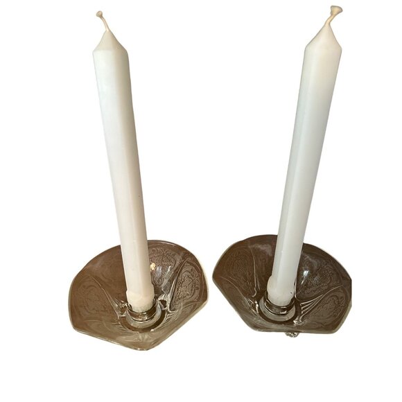 Vintage Hazel Atlas Clear Glass Candle Holders With Intricate Floral Design Set - Picture 2 of 7